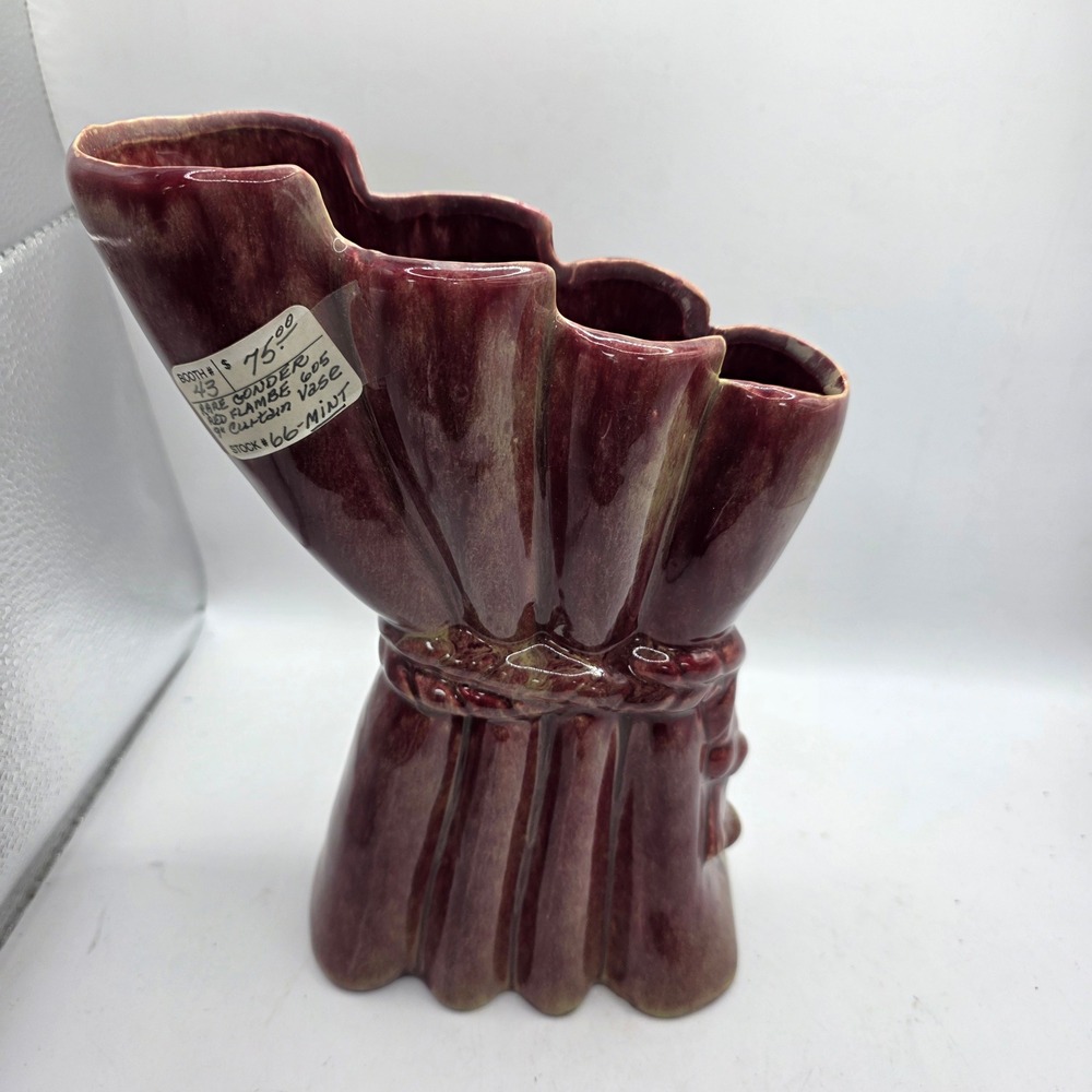 Vintage Gonder #605 Red Flambe Curtain Vase 9" Art Pottery USA Zanesville Rare